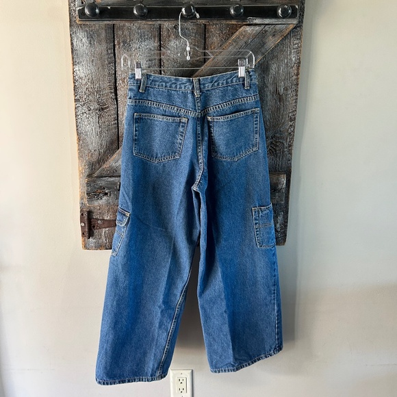 Vintage Youth Nevada Wide Leg Cargo Stone Wash Blue Jeans - Picture 2 of 4